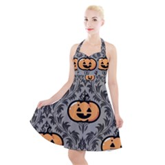 Pumpkin Pattern Halter Party Swing Dress  by NerdySparkleGoth