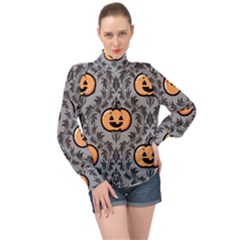 Pumpkin Pattern High Neck Long Sleeve Chiffon Top by NerdySparkleGoth