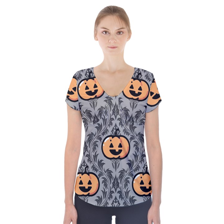 Pumpkin Pattern Short Sleeve Front Detail Top