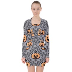 Pumpkin Pattern V-neck Bodycon Long Sleeve Dress by NerdySparkleGoth