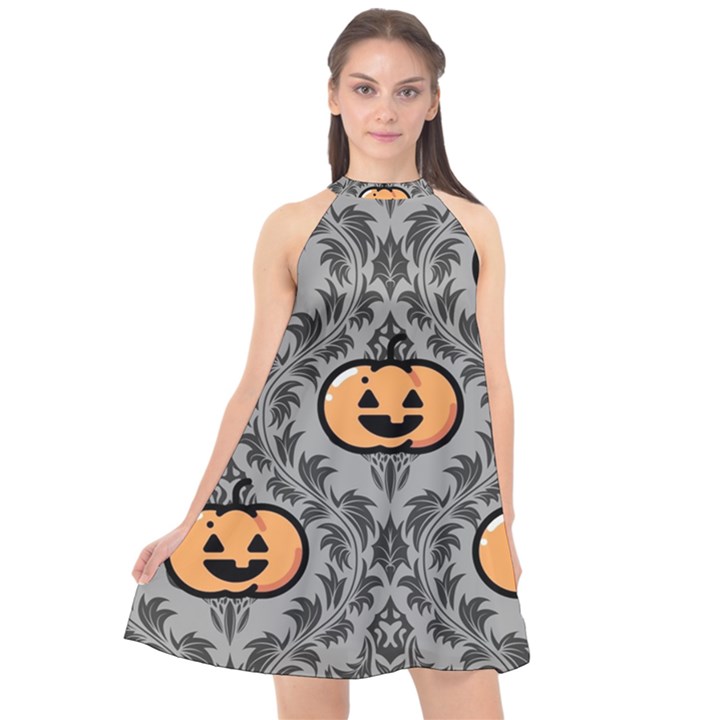 Pumpkin Pattern Halter Neckline Chiffon Dress 