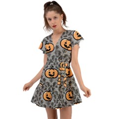 Pumpkin Pattern Flutter Sleeve Wrap Dress by NerdySparkleGoth