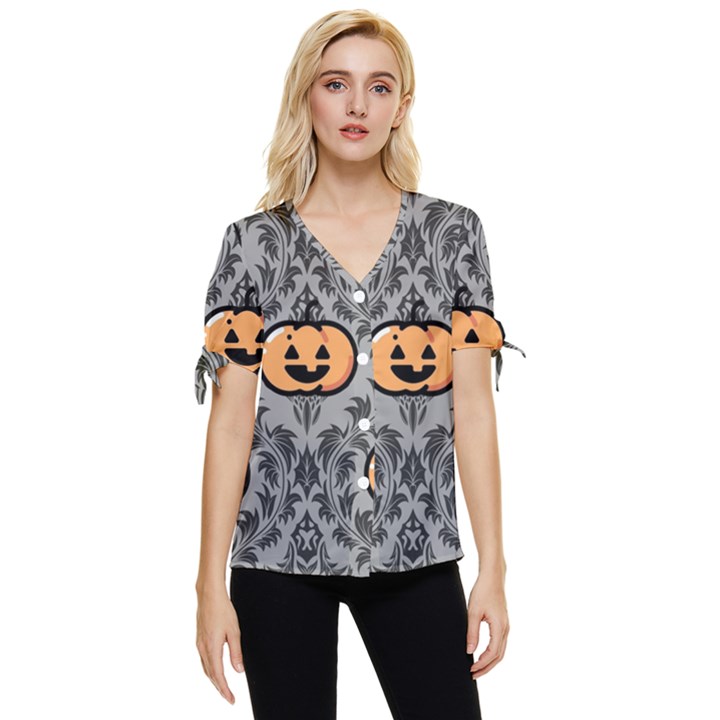 Pumpkin Pattern Bow Sleeve Button Up Top