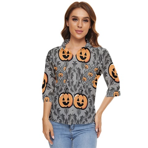 Pumpkin Pattern Women s Quarter Sleeve Pocket Shirt by NerdySparkleGoth