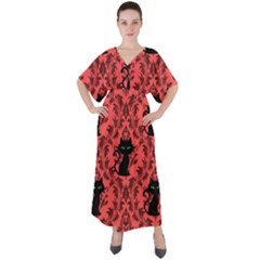 Cat Pattern V-neck Boho Style Maxi Dress by NerdySparkleGoth