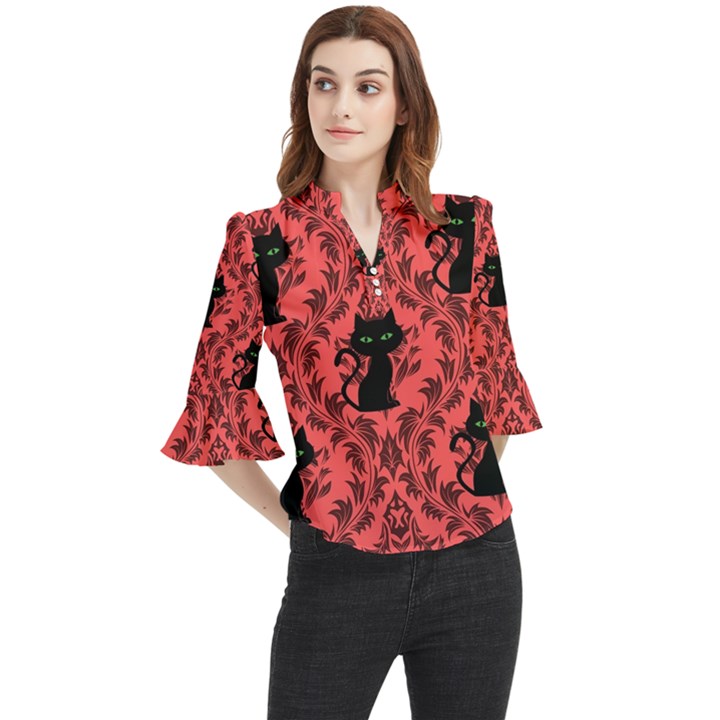 Cat Pattern Loose Horn Sleeve Chiffon Blouse