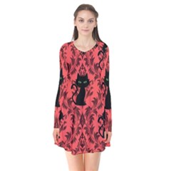 Cat Pattern Long Sleeve V-neck Flare Dress by NerdySparkleGoth