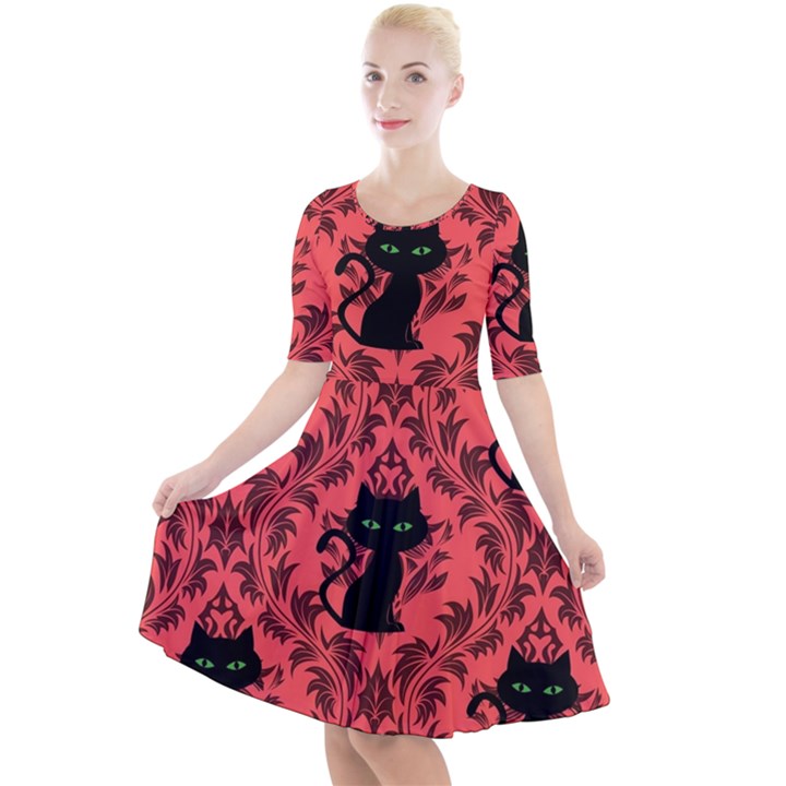 Cat Pattern Quarter Sleeve A-Line Dress