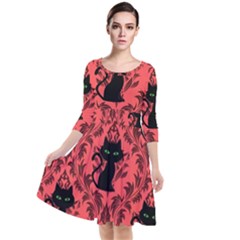 Cat Pattern Quarter Sleeve Waist Band Dress