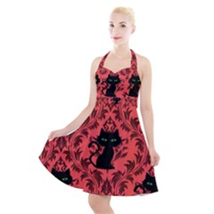 Cat Pattern Halter Party Swing Dress 