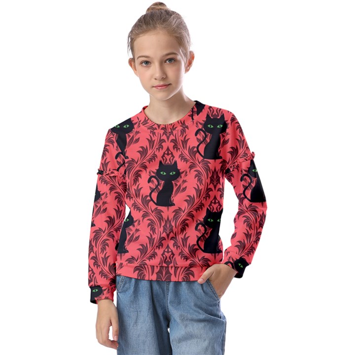 Cat Pattern Kids  Long Sleeve Tee with Frill 