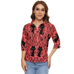 Cat Pattern Women s Quarter Sleeve Pocket Shirt