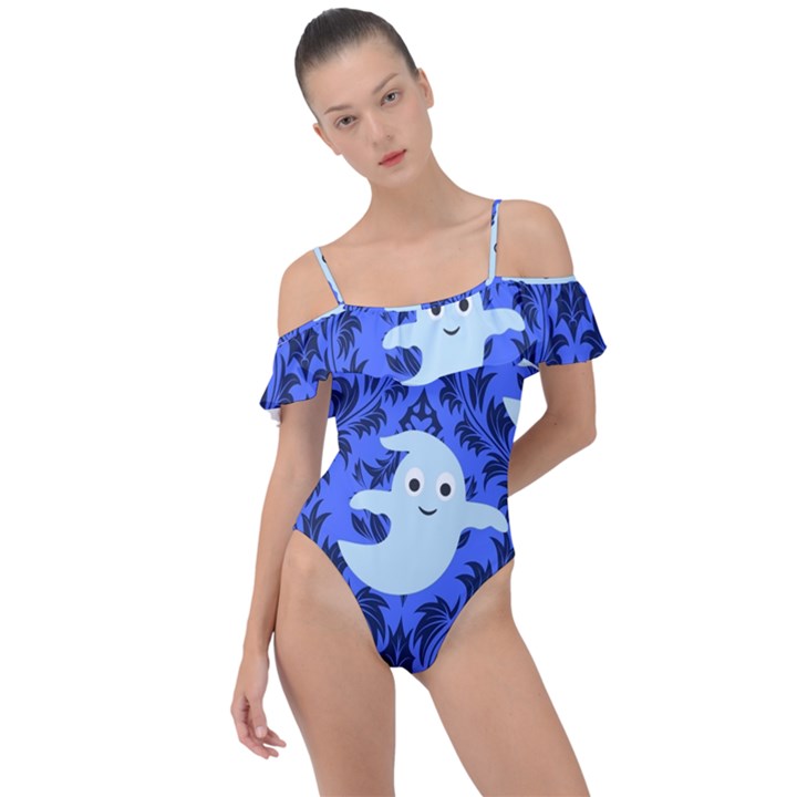 Ghost Pattern Frill Detail One Piece Swimsuit