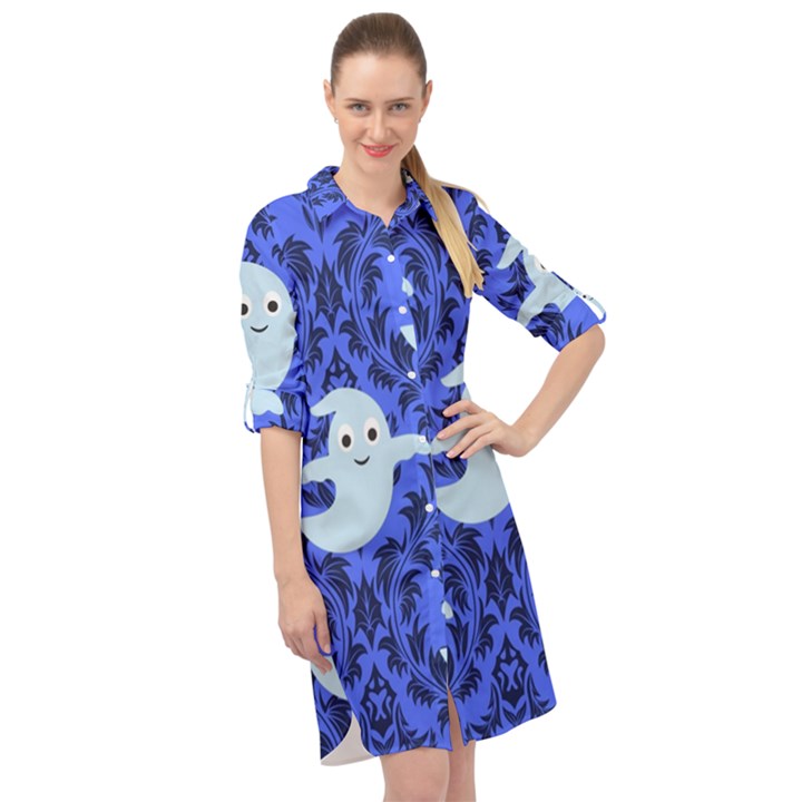 Ghost Pattern Long Sleeve Mini Shirt Dress