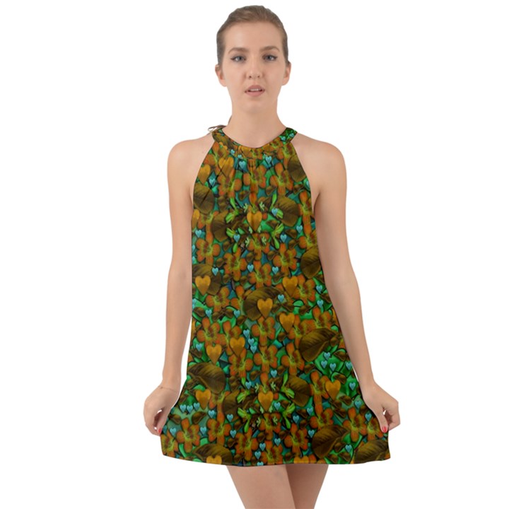 Love Forest Filled With Respect And The Flower Power Of Colors Halter Tie Back Chiffon Dress