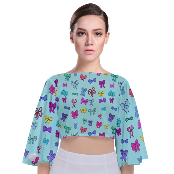 Bows on blue Tie Back Butterfly Sleeve Chiffon Top