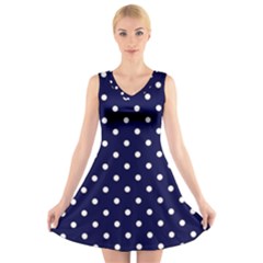 1950 Navy Blue White Dots V-neck Sleeveless Dress by SomethingForEveryone