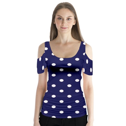 1950 Navy Blue White Dots Butterfly Sleeve Cutout Tee  by SomethingForEveryone