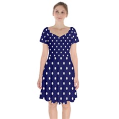 1950 Navy Blue White Dots Short Sleeve Bardot Dress by SomethingForEveryone