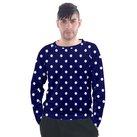 1950 Navy Blue White Dots Men s Long Sleeve Raglan Tee by SomethingForEveryone