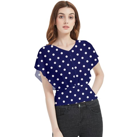 1950 Navy Blue White Dots Butterfly Chiffon Blouse by SomethingForEveryone