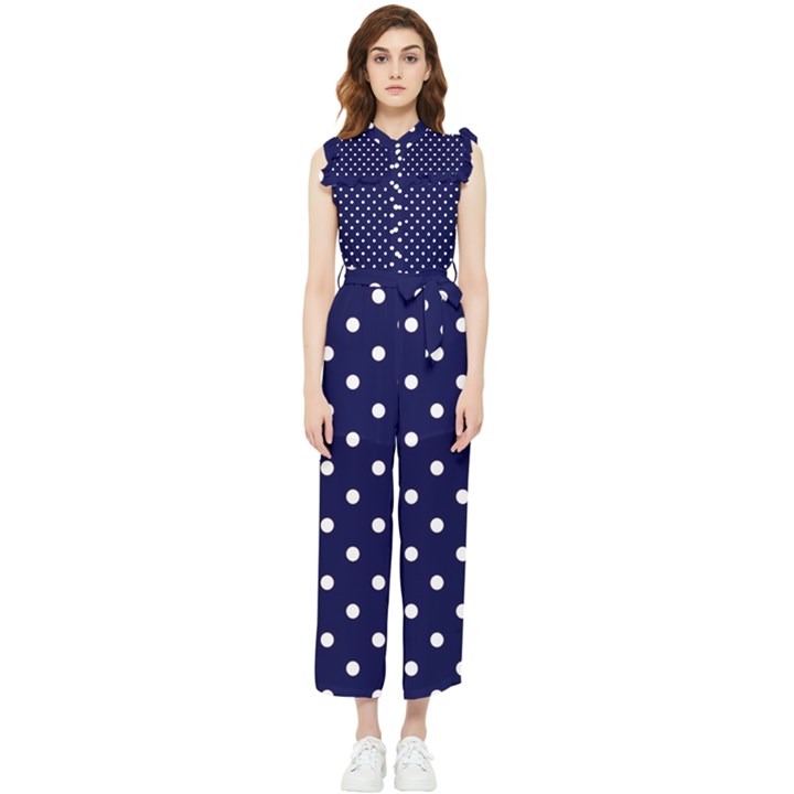 1950 Navy Blue White Dots Women s Frill Top Jumpsuit