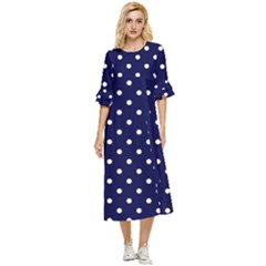 1950 Navy Blue White Dots Double Cuff Midi Dress by SomethingForEveryone