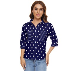 1950 Navy Blue White Dots Women s Quarter Sleeve Pocket Shirt