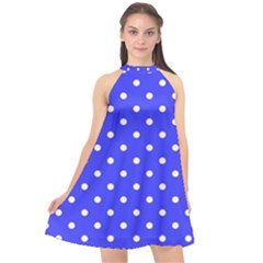 1950 Purple Blue White Dots Halter Neckline Chiffon Dress  by SomethingForEveryone