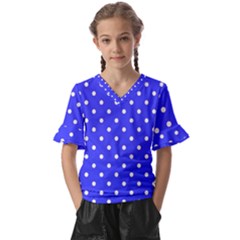 1950 Purple Blue White Dots Kids  V-neck Horn Sleeve Blouse