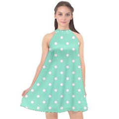 1950 Sea Foam Green White Dots Halter Neckline Chiffon Dress  by SomethingForEveryone