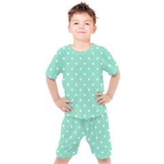 1950 Sea Foam Green White Dots Kids  Tee And Shorts Set by SomethingForEveryone