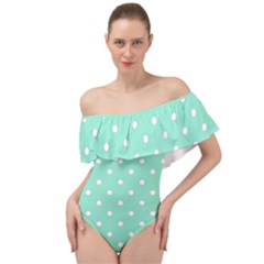 1950 Sea Foam Green White Dots Off Shoulder Velour Bodysuit  by SomethingForEveryone