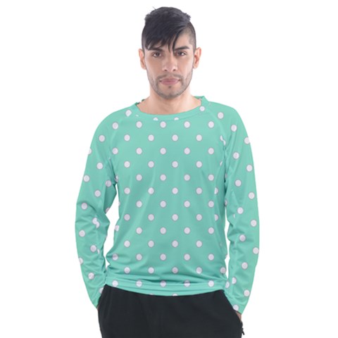 1950 Sea Foam Green White Dots Men s Long Sleeve Raglan Tee by SomethingForEveryone