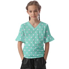 1950 Sea Foam Green White Dots Kids  V-neck Horn Sleeve Blouse