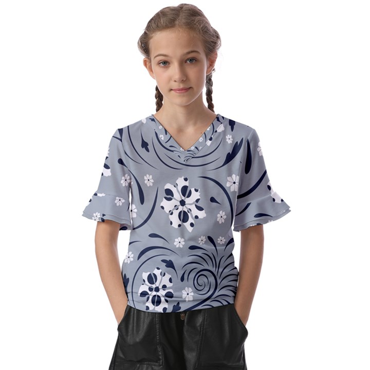 Folk flowers pattern Floral surface Kids  V-Neck Horn Sleeve Blouse