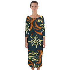 Folk Flowers Pattern Floral Surface Quarter Sleeve Midi Bodycon Dress by Eskimos