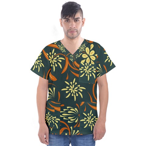 Folk Flowers Pattern Floral Surface Men s V-neck Scrub Top by Eskimos