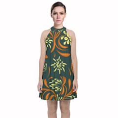 Folk Flowers Pattern Floral Surface Velvet Halter Neckline Dress  by Eskimos