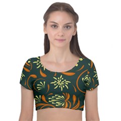 Folk Flowers Pattern Floral Surface Velvet Short Sleeve Crop Top  by Eskimos