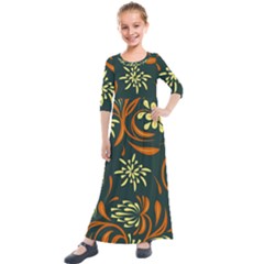 Folk Flowers Pattern Floral Surface Kids  Quarter Sleeve Maxi Dress by Eskimos