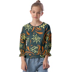 Folk Flowers Pattern Floral Surface Kids  Cuff Sleeve Top