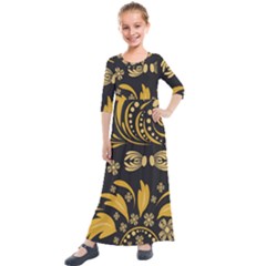 Folk Flowers Pattern Floral Surface Kids  Quarter Sleeve Maxi Dress by Eskimos