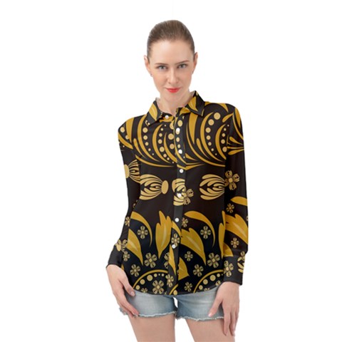 Folk Flowers Pattern Floral Surface Long Sleeve Chiffon Shirt by Eskimos