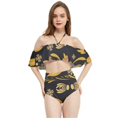 Folk Flowers Pattern Floral Surface Halter Flowy Bikini Set 