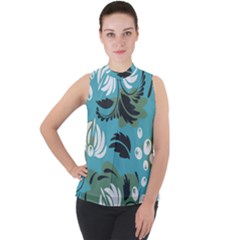 Folk Flowers Pattern Floral Surface Mock Neck Chiffon Sleeveless Top by Eskimos