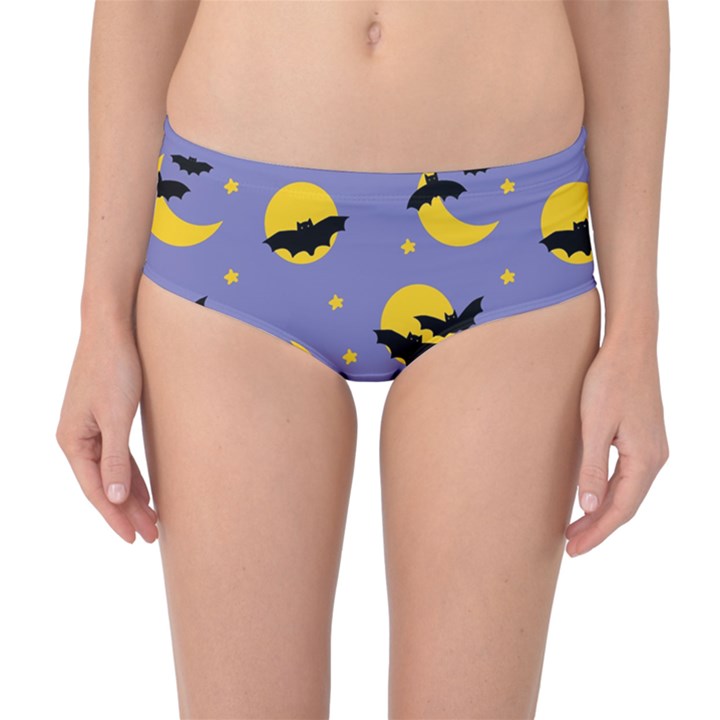 Bats With Yellow Moon Mid-Waist Bikini Bottoms