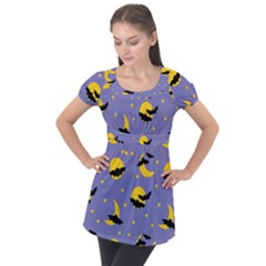 Bats With Yellow Moon Puff Sleeve Tunic Top by SychEva