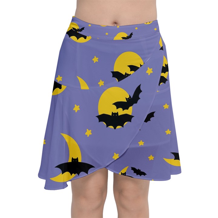 Bats With Yellow Moon Chiffon Wrap Front Skirt