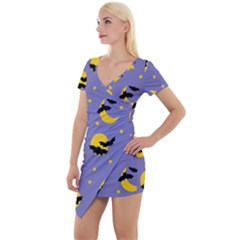 Bats With Yellow Moon Short Sleeve Asymmetric Mini Dress by SychEva